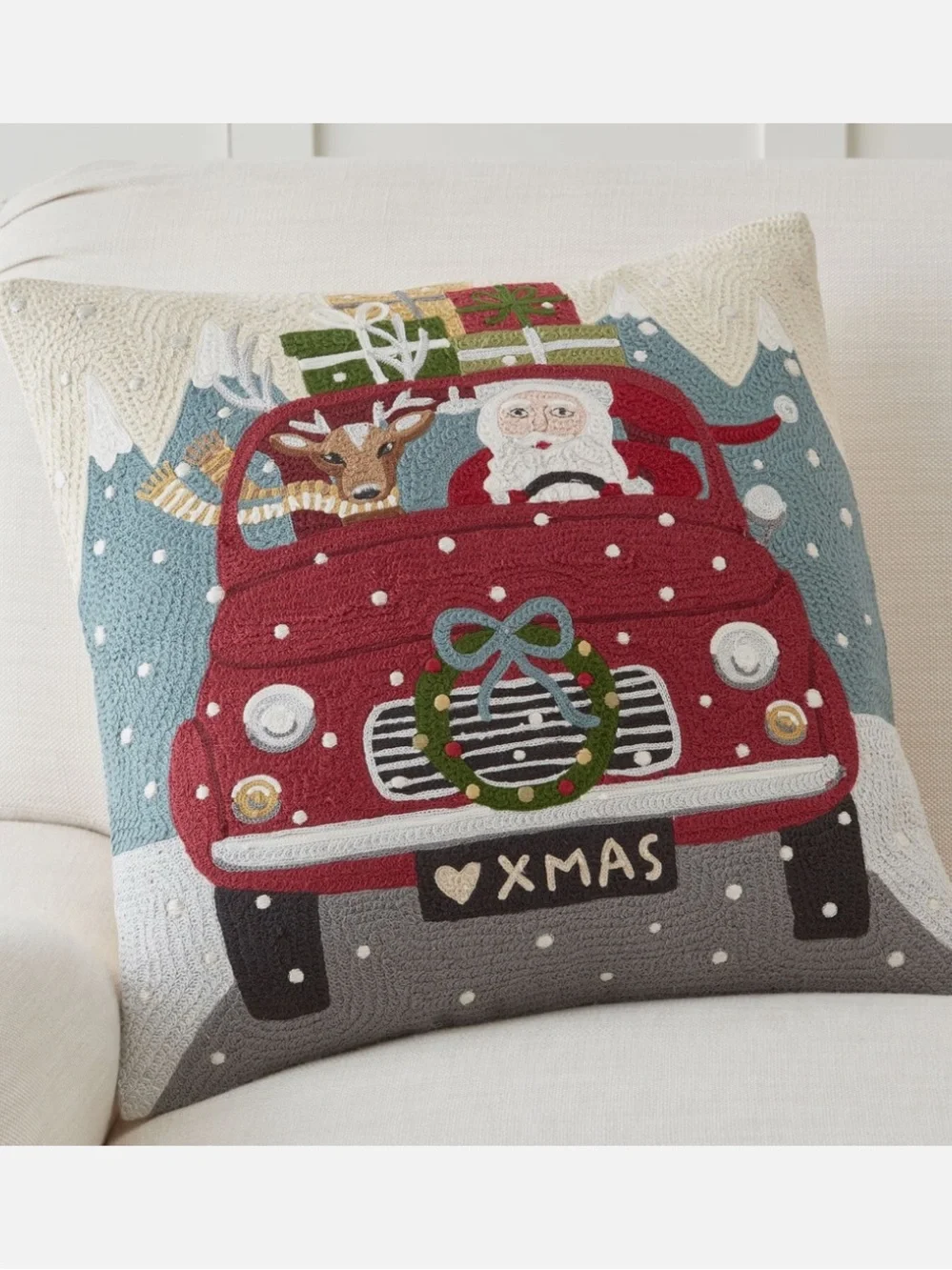 Pottery Barn Red Santa & Reindeer Car Holiday Pillow